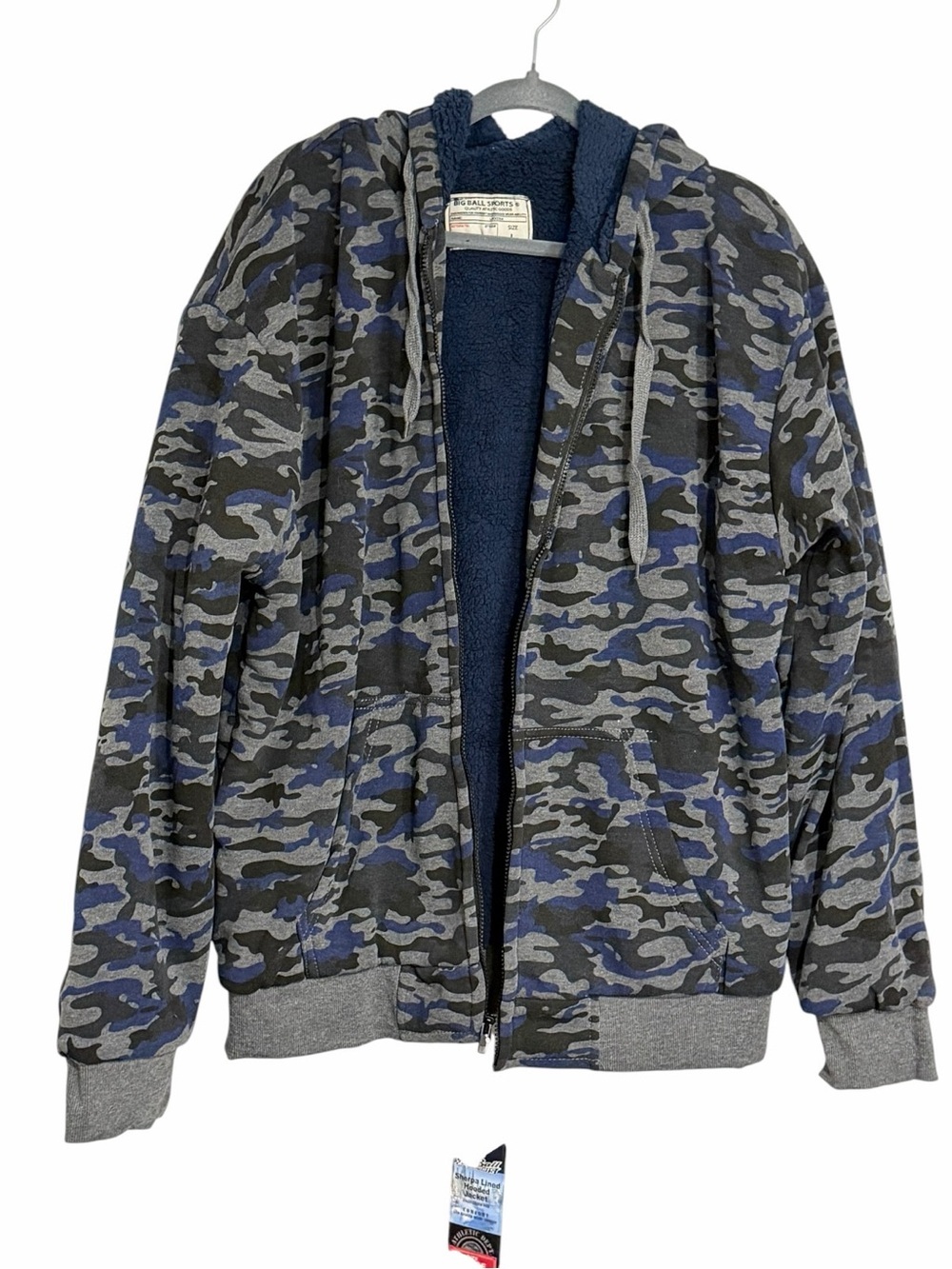 Men's Blue/Grey Camouflage Zip-Up Hoodie Jacket sz L NWT Sherpa Lined